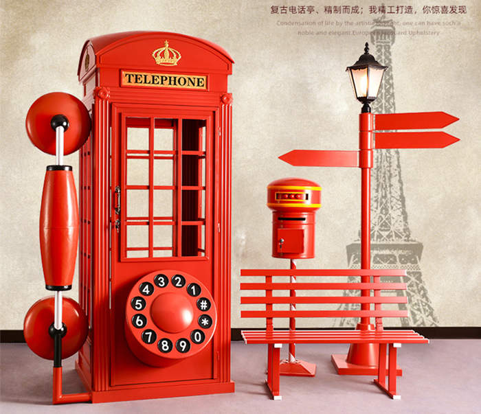 工业风铁艺新款电话亭套装大型落地摆件